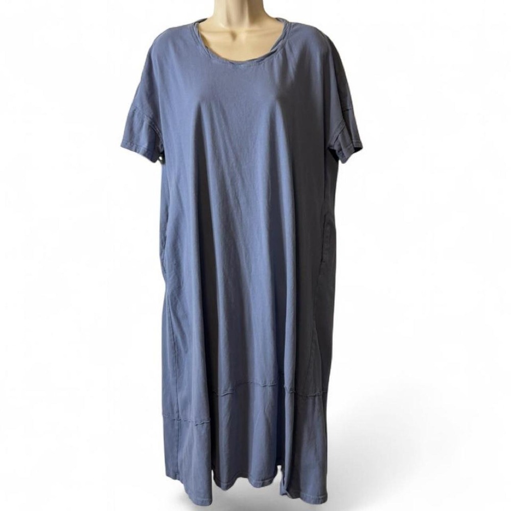 Listicle Dusty Blue Relaxed Fit Short Sleeve Tiered Pocketed Dress, Women's Sz L